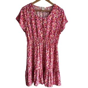 Passport Ditsy Floral Sundress Sz XL Pink Ruffle Knee Length Short Sleeve Dress